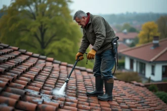 Homme en tenue de travail utilisant un jet haute pression sur un toit en tuiles