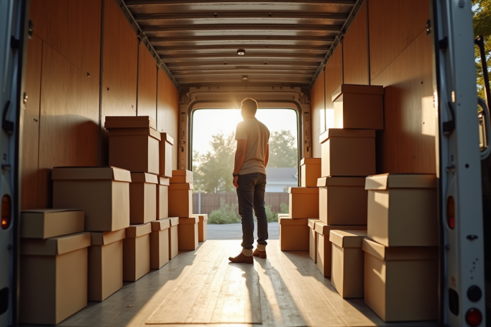 Personne organisant des cartons dans un camion de 15 m3