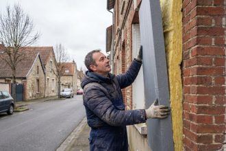 Ouvrier installant panneaux d'isolation sur façade
