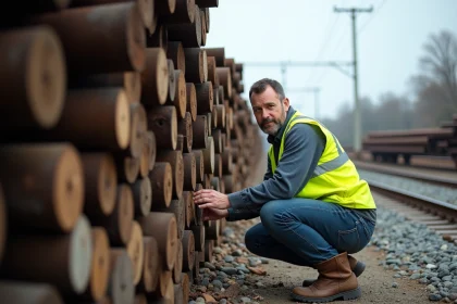 Homme moyenâgeux en gilet de sécurité près de traverses de chemin de fer
