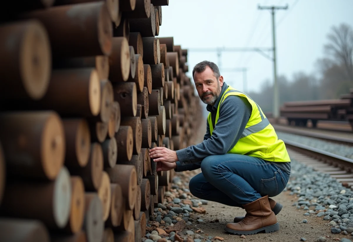 Homme moyenâgeux en gilet de sécurité près de traverses de chemin de fer