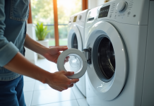 Personne retirant un filtre de lave-linge moderne dans une buanderie lumineuse