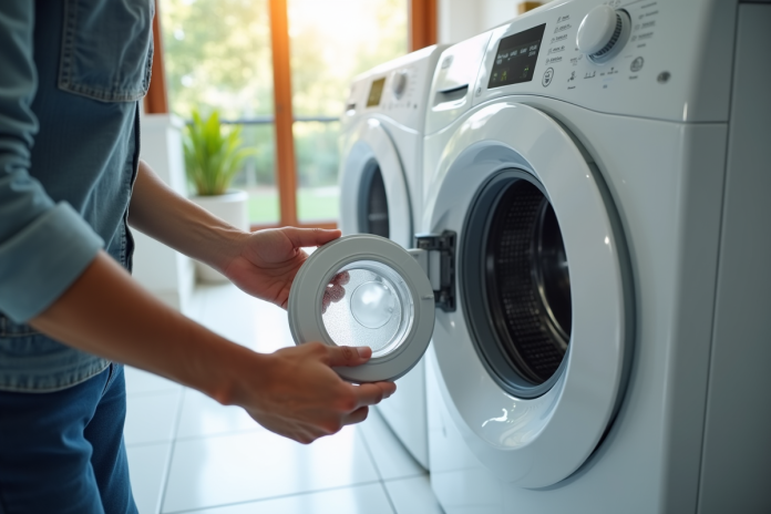 Personne retirant un filtre de lave-linge moderne dans une buanderie lumineuse