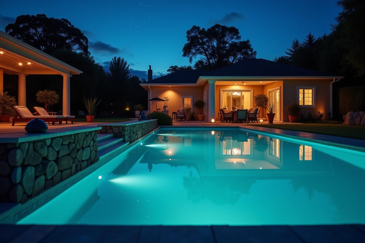 Piscine de jardin au crépuscule avec lumières douces et pompe