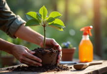 Mains de jardinier plantant un jeune noisetier dans un pot
