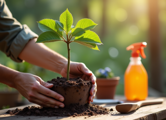 Bouture de noyer : tout ce qu’il faut savoir pour réussir Mains de jardinier plantant un jeune noisetier dans un pot