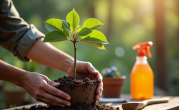 Bouture de noyer : tout ce qu’il faut savoir pour réussir Mains de jardinier plantant un jeune noisetier dans un pot