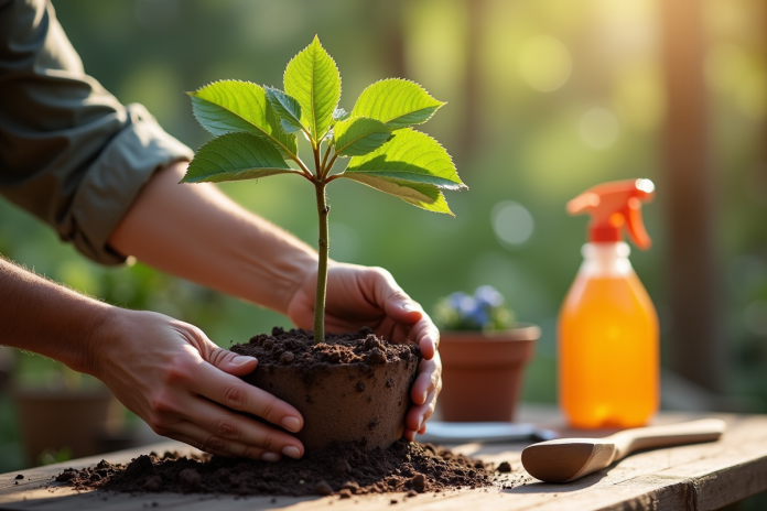 Mains de jardinier plantant un jeune noisetier dans un pot