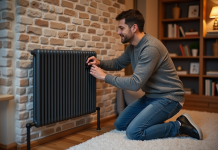 Homme ajustant le thermostat d'un radiateur dans un sous-sol chaleureux