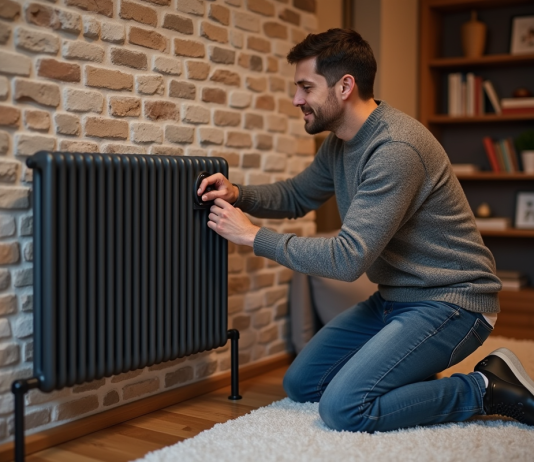 Homme ajustant le thermostat d'un radiateur dans un sous-sol chaleureux