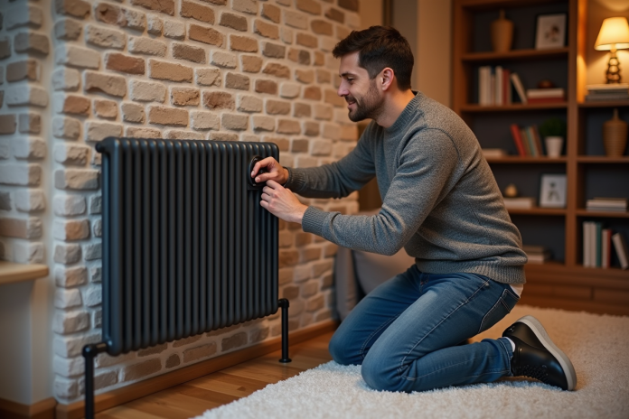 Homme ajustant le thermostat d'un radiateur dans un sous-sol chaleureux
