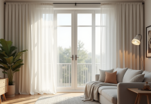 Salon moderne avec grande fenêtre et rideaux blancs élégants