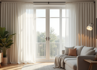 Quelle largeur de rideau pour une fenêtre de 120 cm : guide érudit Salon moderne avec grande fenêtre et rideaux blancs élégants