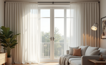 Quelle largeur de rideau pour une fenêtre de 120 cm : guide érudit Salon moderne avec grande fenêtre et rideaux blancs élégants