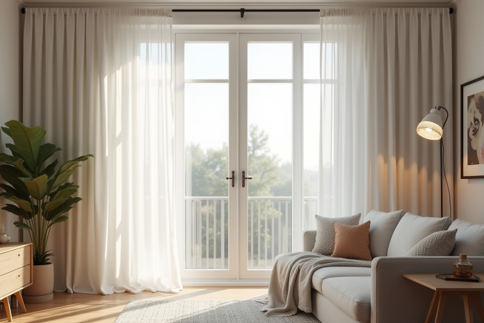 Salon moderne avec grande fenêtre et rideaux blancs élégants
