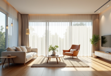 Salon lumineux avec grandes fenêtres et mobilier minimaliste