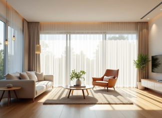 Salon lumineux avec grandes fenêtres et mobilier minimaliste