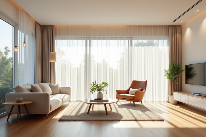 Salon lumineux avec grandes fenêtres et mobilier minimaliste