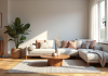 Salon moderne avec parquet en chene et coussins pastel