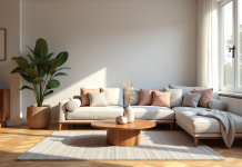 Salon moderne avec parquet en chene et coussins pastel