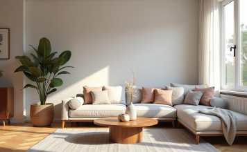 Bois : quelles couleurs associer pour une décoration harmonieuse ? Salon moderne avec parquet en chene et coussins pastel