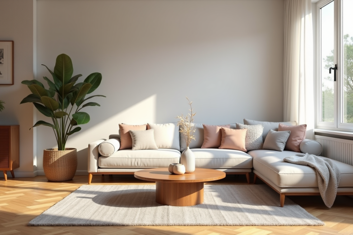 Salon moderne avec parquet en chene et coussins pastel