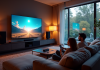 Salon moderne avec TV grand écran et famille regardant un film