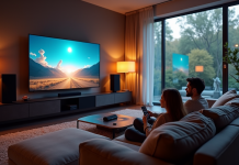 Salon moderne avec TV grand écran et famille regardant un film