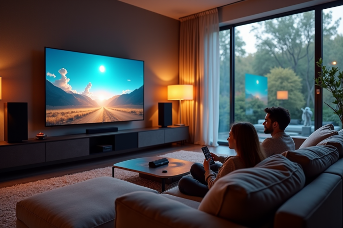 Salon moderne avec TV grand écran et famille regardant un film