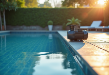 Piscine moderne au matin avec reflet du soleil sur l'eau bleue