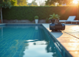 Pompe de piscine : moment idéal pour la faire fonctionner jour ou nuit ? Piscine moderne au matin avec reflet du soleil sur l'eau bleue