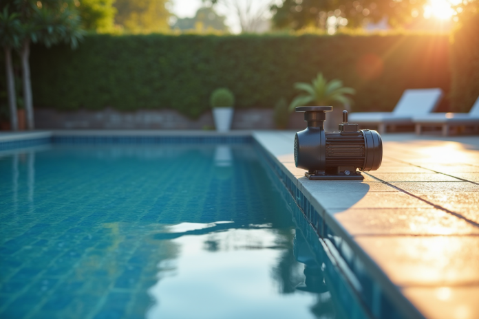 Piscine moderne au matin avec reflet du soleil sur l'eau bleue