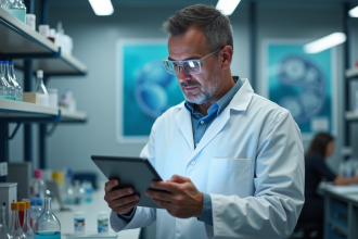 Scientifique en blouse blanche examine des données sur une tablette