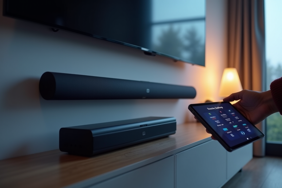 Barre de son et caisson de basse sous TV avec réglages audio