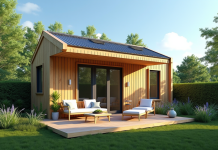 Petite maison en bois dans un jardin verdoyant ensoleille
