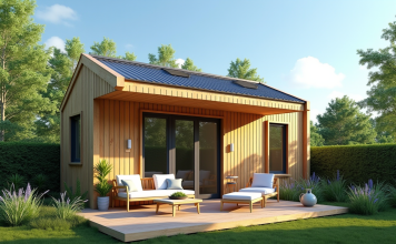 Petite maison en bois dans un jardin verdoyant ensoleille