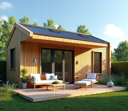 Petite maison en bois dans un jardin verdoyant ensoleille