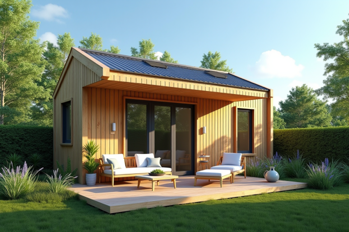 Petite maison en bois dans un jardin verdoyant ensoleille